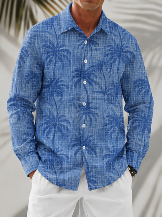 Linen Texture Coconut Tree Chest Pocket Long Sleeve Casual Shirt