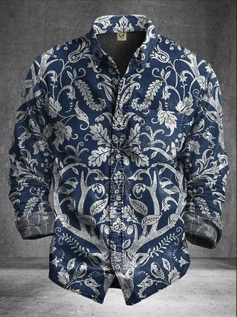 Moisture Wicking Botanical Floral Print Chest Pocket Casual Long Sleeve Shirt