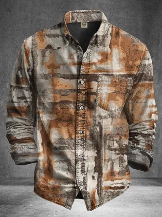 Moisture Wicking Abstract Gradient Geometric Lines Chest Pocket Casual Long Sleeve Shirt