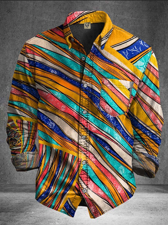 Moisture Wicking Abstract Gradient Lines Chest Pocket Casual Long Sleeve Shirt
