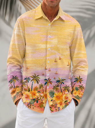 Linen Texture Tropical Plant & Coconut Tree Print Chest Pocket Long Sleeve Casual Shirt
