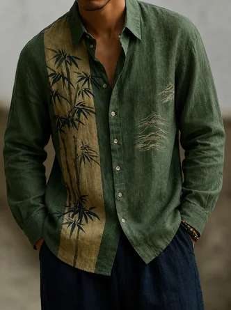 Linen Texture Bamboo & Leaf Print Casual Long Sleeve Shirt