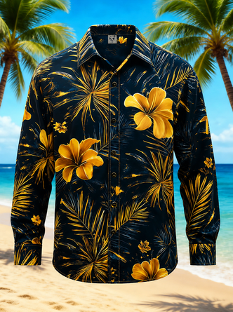 Moisture Wicking Tropical Floral Print Chest Pocket Long Sleeve Casual Shirt