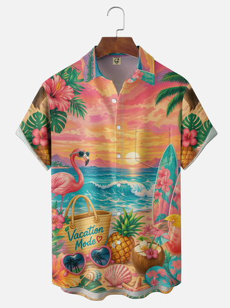 Moisture Wicking Tropical Floral & Flamingo Ombré Print Chest Pocket Hawaiian Shirt