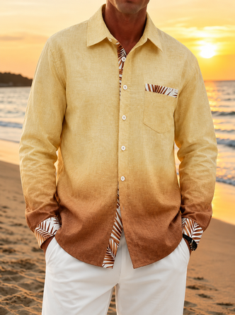 Linen Texture Solid & Floral Patchwork Chest Pocket Long Sleeve Casual Shirt