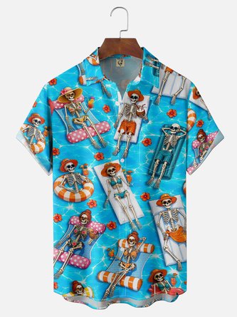 Moisture Wicking Halloween Skull & Floral Swim Ring Print Chest Pocket Hawaiian Shirt