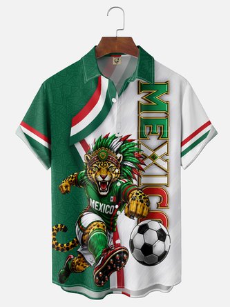 Moisture Wicking Gradient Mexican Tiger Soccer Themed Geometric Print Chest Pocket Hawaiian Shirt