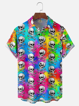 Moisture Wicking Gradient Psychedelic Hippie Skull Print Chest Pocket Hawaiian Shirt 、