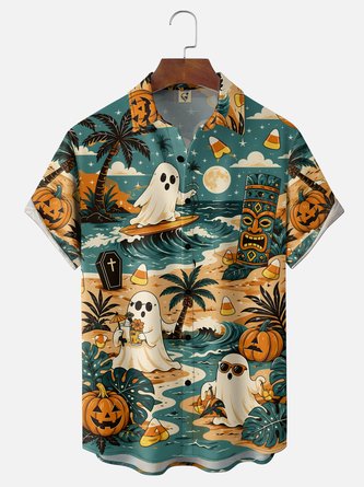 Moisture Wicking Gradient Halloween Ghosts Pumpkins Tiki Tropical Plants Chest Pocket Hawaiian Shirt
