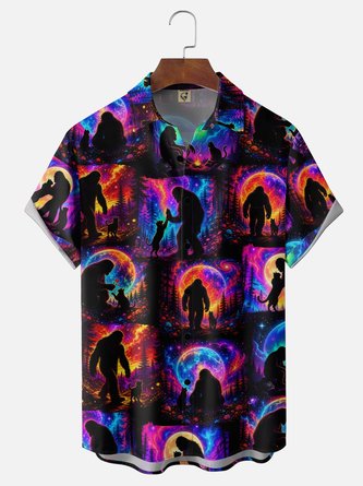 Moisture Wicking Neon Bigfoot & Cat Chest Pocket Hawaiian Shirt