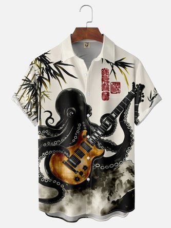 Moisture Wicking Ethnic Style Bamboo & Octopus Print Chest Pocket Hawaiian Shirt