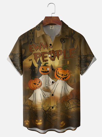 Moisture Wicking Halloween Pumpkin & Ghost Chest Pocket Hawaiian Shirt