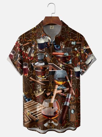 Moisture Wicking Vintage Whiskey & Cigar Print Chest Pocket Hawaiian Shirt