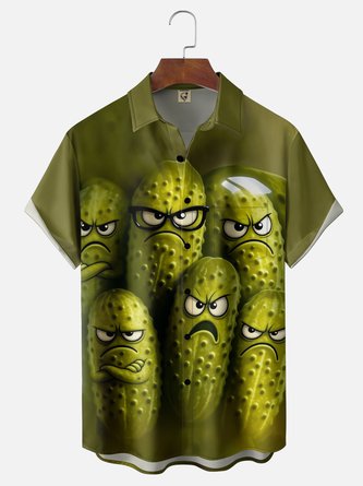 Moisture Wicking Fun Pickle Print Chest Pocket Hawaiian Shirt