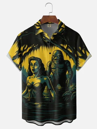 Moisture Wicking Halloween Ghost Print Chest Pocket Hawaiian Shirt