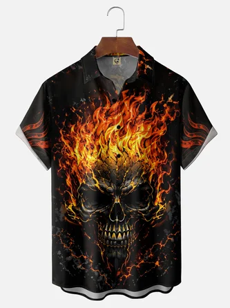 Moisture Wicking Flaming Skull Halloween Chest Pocket Hawaiian Shirt