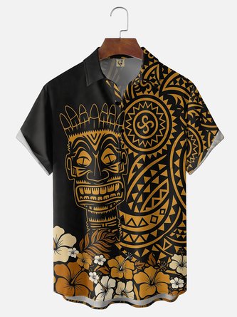 Moisture Wicking Tropical Floral Tiki Print Chest Pocket Hawaiian Shirt