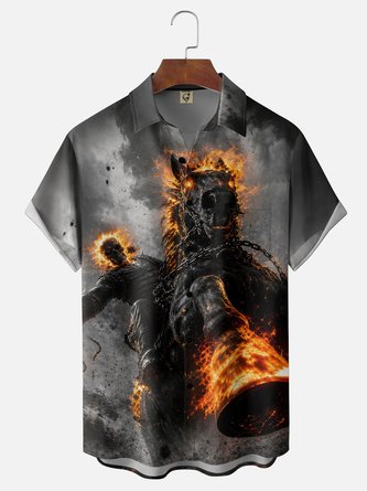 Moisture Wicking Halloween Skull Knight Chest Pocket Hawaiian Shirt
