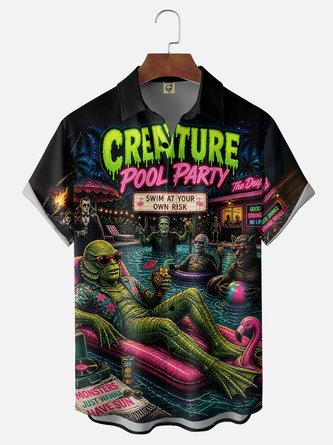 Moisture Wicking Fun Monster Creature Pool Party Print Chest Pocket Hawaiian Shirt