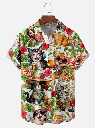 Moisture Wicking Gradient Design featuring Tropical Plants Hibiscus Flowers Leaves Cats Beer Chest Pocket Hawaiian Shirt
