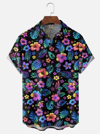 Moisture Wicking Neon Tropical Hibiscus & Leaf Print Chest Pocket Hawaiian Shirt