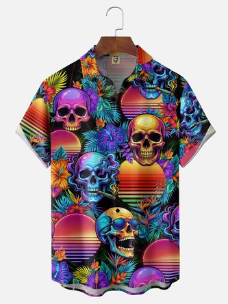 Moisture Wicking Neon Tropical Hibiscus & Skull Print Chest Pocket Hawaiian Shirt