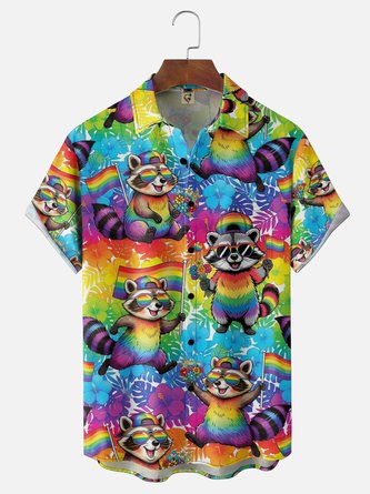 Moisture Wicking Neon Raccoon & Flag Chest Pocket Hawaiian Shirt