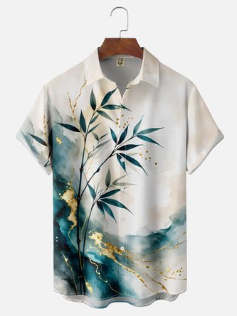 Moisture Wicking Gradient Bamboo Leaf Print Chest Pocket Hawaiian Shirt