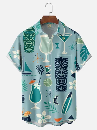 Moisture Wicking Geometric Botanical & Tiki Cocktail Chest Pocket Hawaiian Shirt