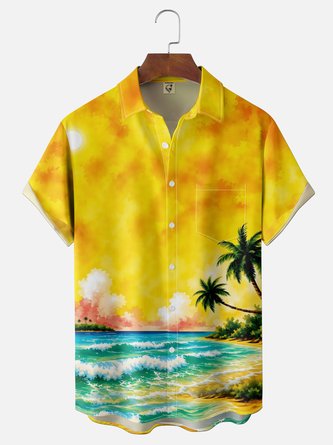 Moisture Wicking Tropical Plant & Coconut Tree Gradient Beach Chest Pocket Hawaiian Shirt