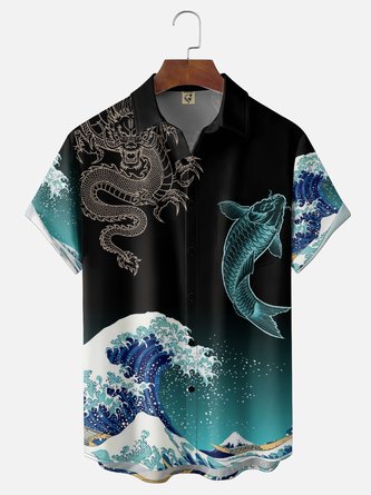 Moisture Wicking Ukiyo e Wave Koi Dragon Chest Pocket Hawaiian Shirt