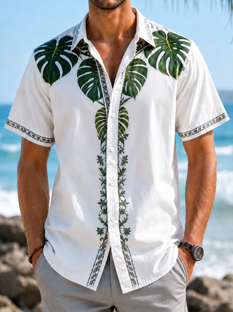 Moisture Wicking Tropical Leaf Print Chest Pocket Hawaiian Shirt