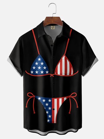 Moisture Wicking Gradient American Flag Print Chest Pocket Hawaiian Shirt