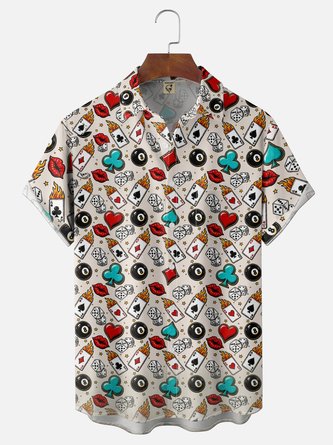 Moisture Wicking Gradient Flame Playing Card & Dice Print Chest Pocket Hawaiian Shirt