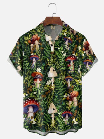 Moisture Wicking Ombré Hippie Mushroom & Leaf Print Chest Pocket Hawaiian Shirt