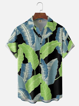 Moisture Wicking Gradient Tropical Leaf Print Chest Pocket Hawaiian Shirt