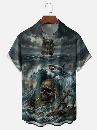 Moisture Wicking Pirate Ship & Shark Skull Chest Pocket Hawaiian Shirt