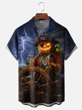Moisture Wicking Halloween Pirate Captain Pumpkin & Parrot Chest Pocket Hawaiian Shirt