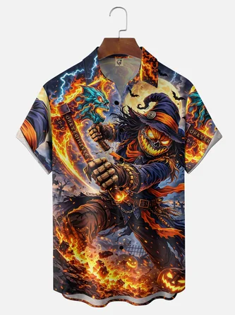 Moisture Wicking Halloween Flaming Pumpkin Scarecrow Chest Pocket Hawaiian Shirt