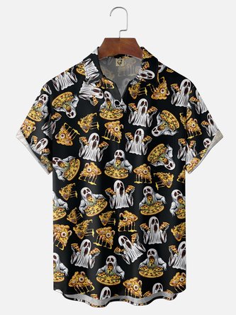 Moisture Wicking Halloween Ghost Eating Pizza Chest Pocket Hawaiian Shirt
