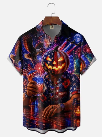 Moisture Wicking Halloween Pumpkin Cocktail Party Chest Pocket Hawaiian Shirt