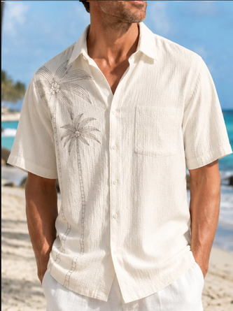 Linen Texture Palm Tree Print Chest Pocket Hawaiian Shirt
