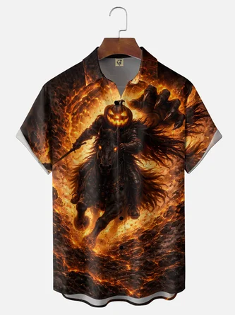Moisture Wicking Halloween Pumpkin Knight Chest Pocket Hawaiian Shirt