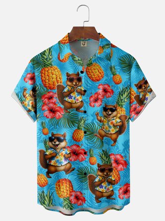 Moisture Wicking Featuring Gradient Colors Tropical Plants Chipmunks Pineapple Leaves Chest Pocket Hawaiian Shirt