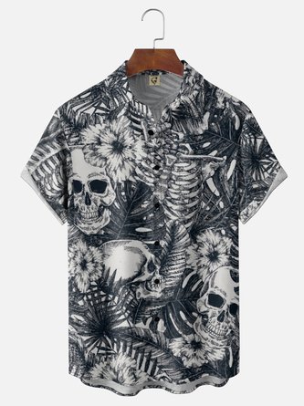 Moisture Wicking Tropical Plant Floral Skull Chest Pocket Hawaiian Shirt