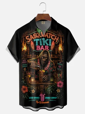 Moisture Wicking Bigfoot Tiki Bar Chest Pocket Hawaiian Shirt