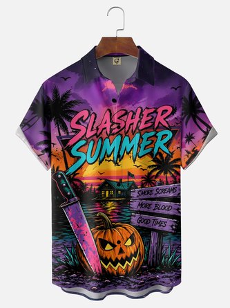 Moisture Wicking Neon Halloween Pumpkin Knife Palm Tree Print Chest Pocket Hawaiian Shirt