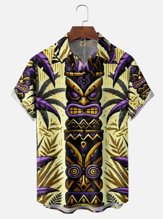 Moisture Wicking Tropical Plant & Tiki Chest Pocket Hawaiian Shirt