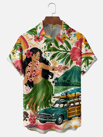 Moisture Wicking Gradient Leaf & Hula Print Chest Pocket Hawaiian Shirt