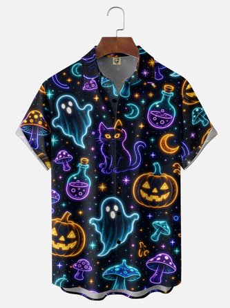 Moisture Wicking Neon Halloween Ghost Cat Pumpkin Chest Pocket Hawaiian Shirt